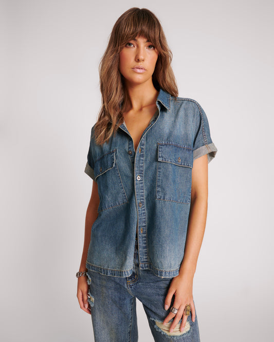 ONE TEASPOON // Cut Off Denim Shirt USED BLUE