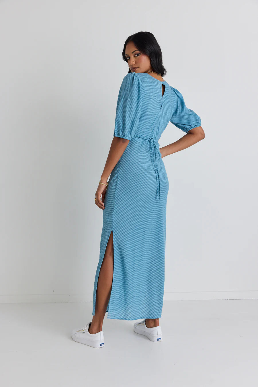 AMONG THE BRAVE // Amora Gingham SS Bias Midi Dress SKY BLUE