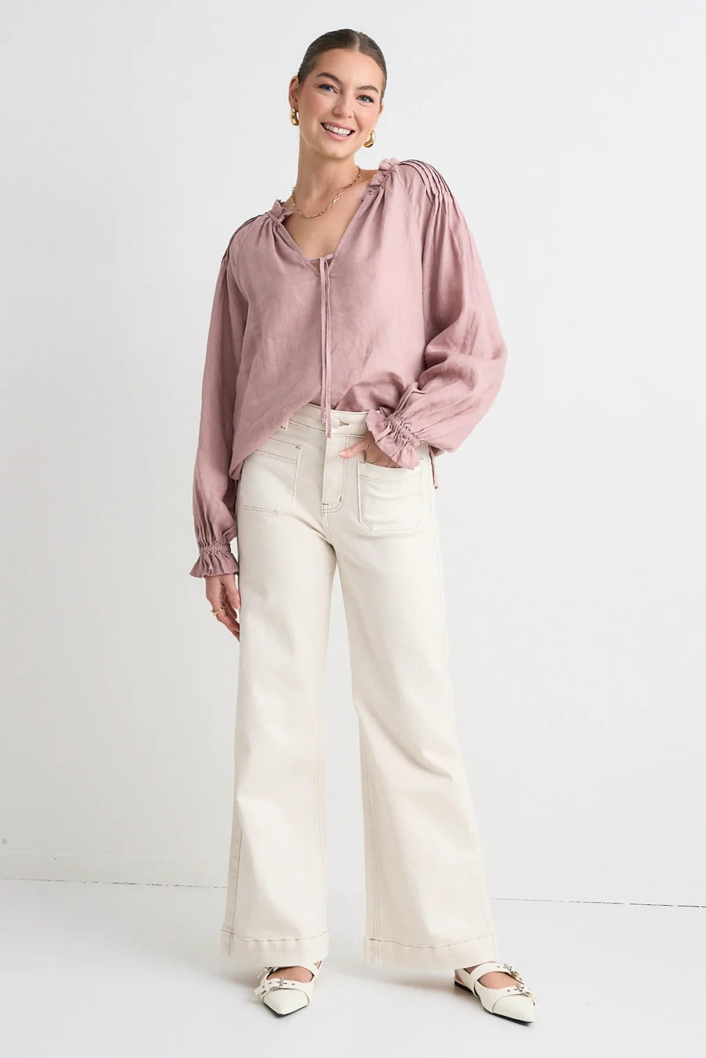 RE:UNION LABEL // Birch Tie Neck Top PINK CLAY