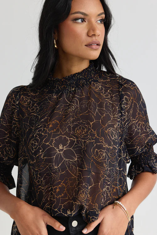 AMONG THE BRAVE // Influential Black Shirred Neck SS Top CHOCOLATE ROSE SKETCH