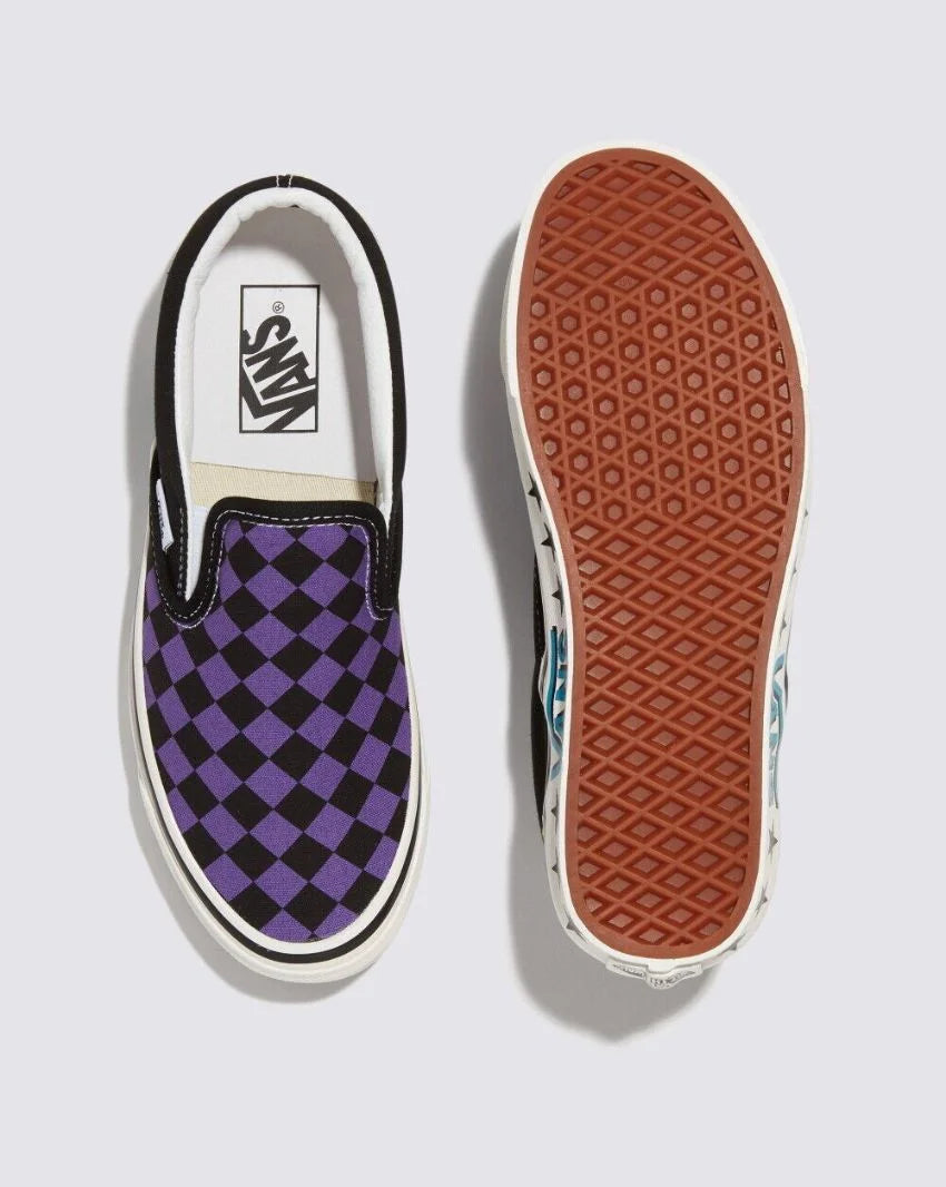 Black and purple cheap vans slip ons