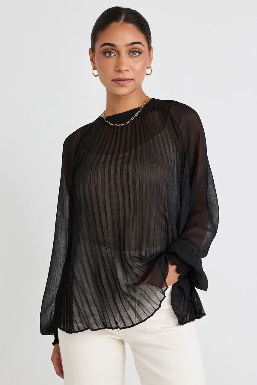 BY ROSA // Corral Sheer Pleated Swing Top BLACK