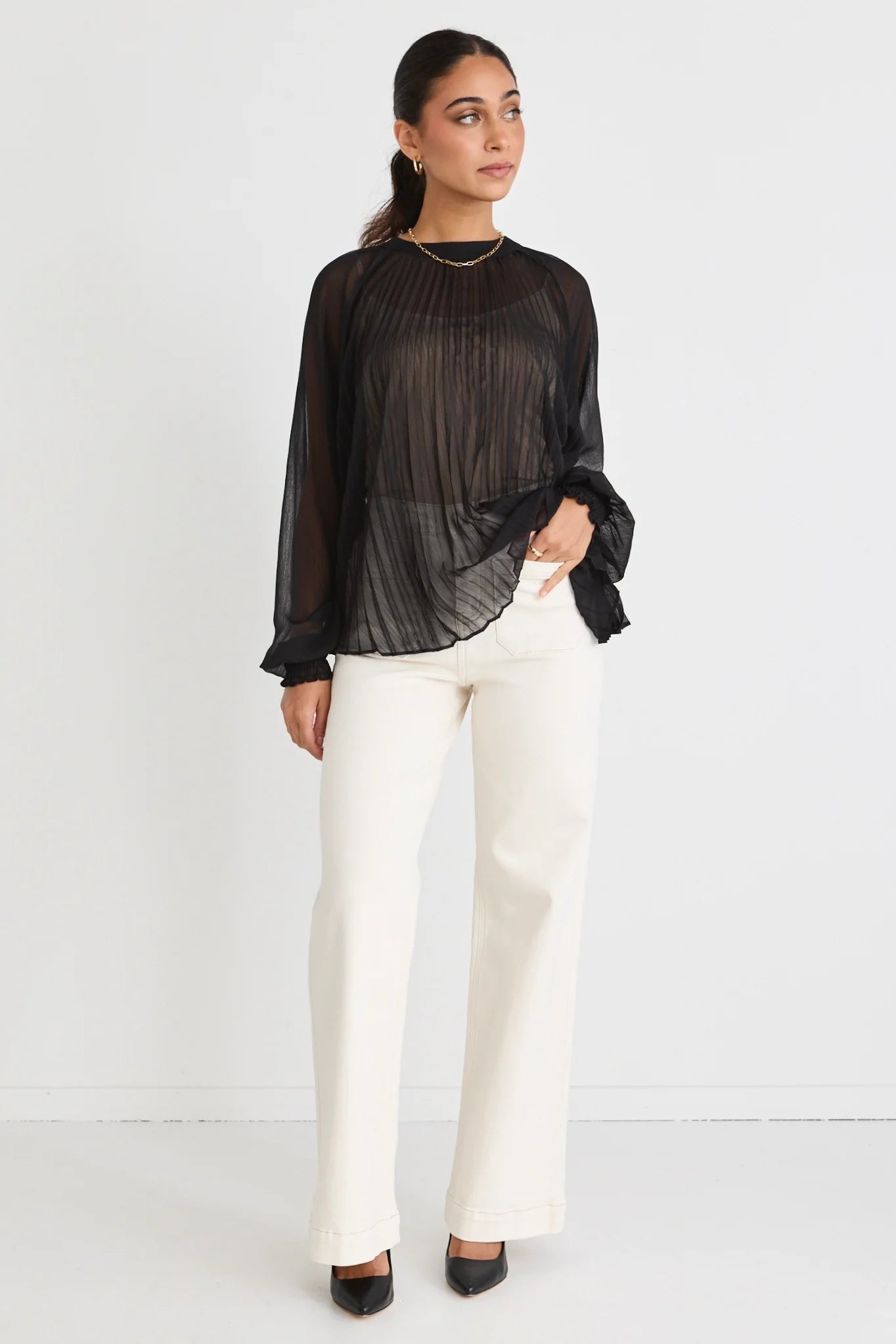 BY ROSA // Corral Sheer Pleated Swing Top BLACK