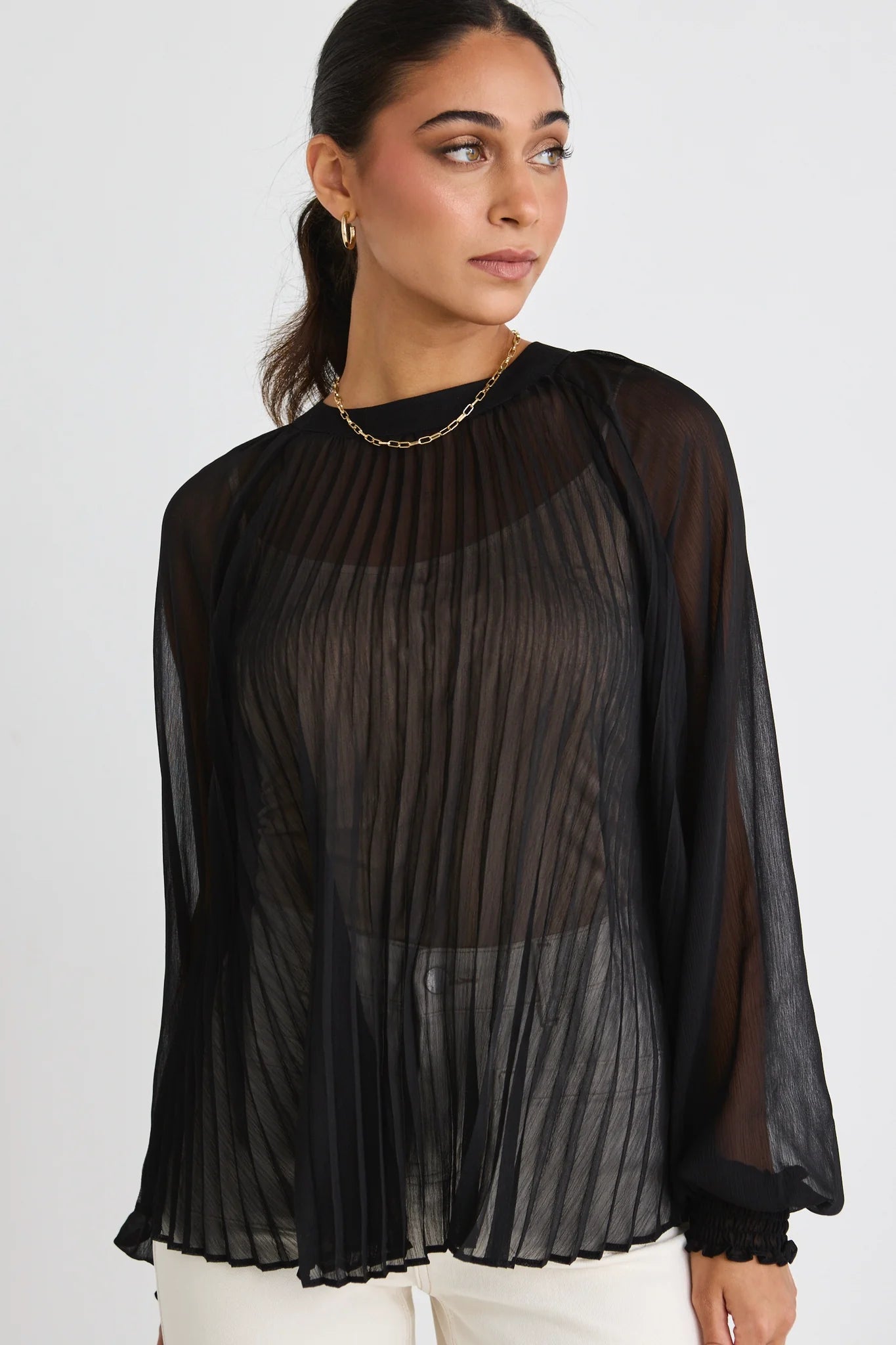 BY ROSA // Corral Sheer Pleated Swing Top BLACK