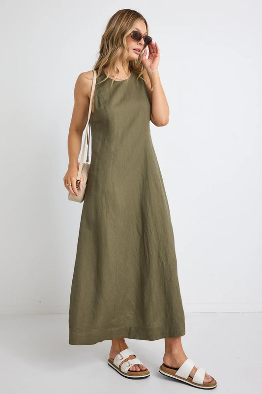 RE:UNION LABEL // Easygoing Linen Blend Crew Neck Midi Dress SOFT KHAKI