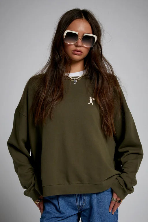 KAREN WALKER // Embroidered Runaway Girl Crew HUNTER GREEN