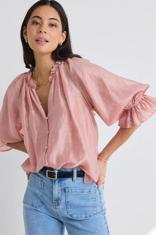 BY ROSA // Encounter Textured Gathered Button SS Top BLUSH