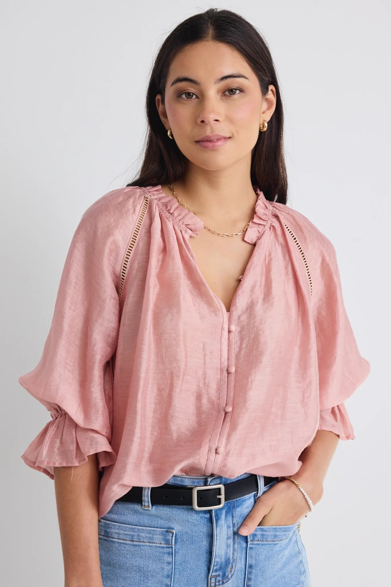 BY ROSA // Encounter Textured Gathered Button SS Top BLUSH