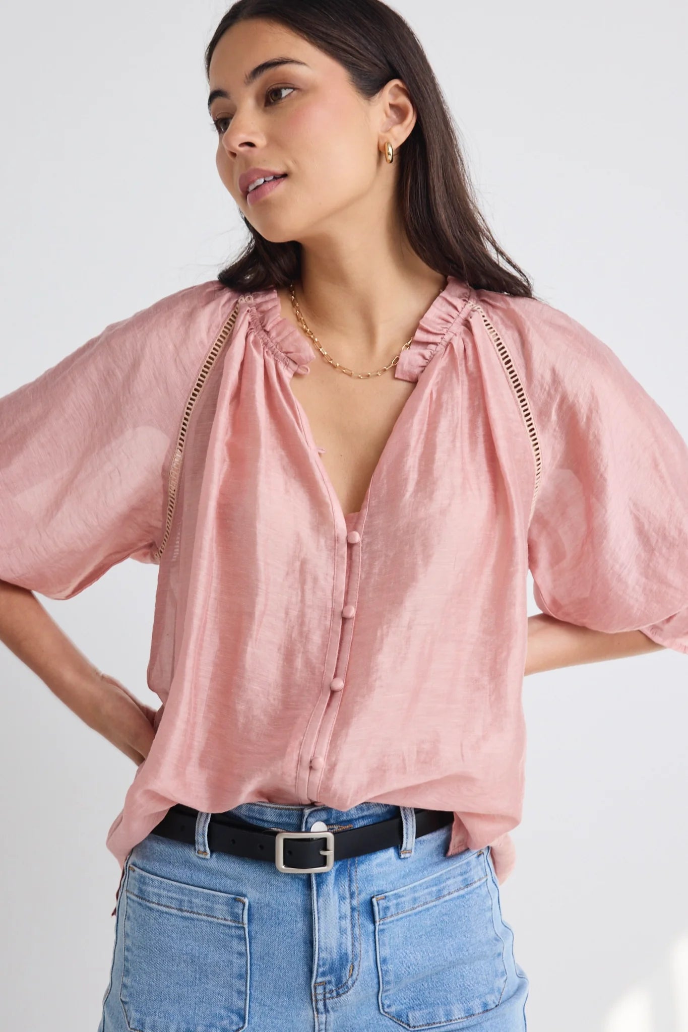 BY ROSA // Encounter Textured Gathered Button SS Top BLUSH