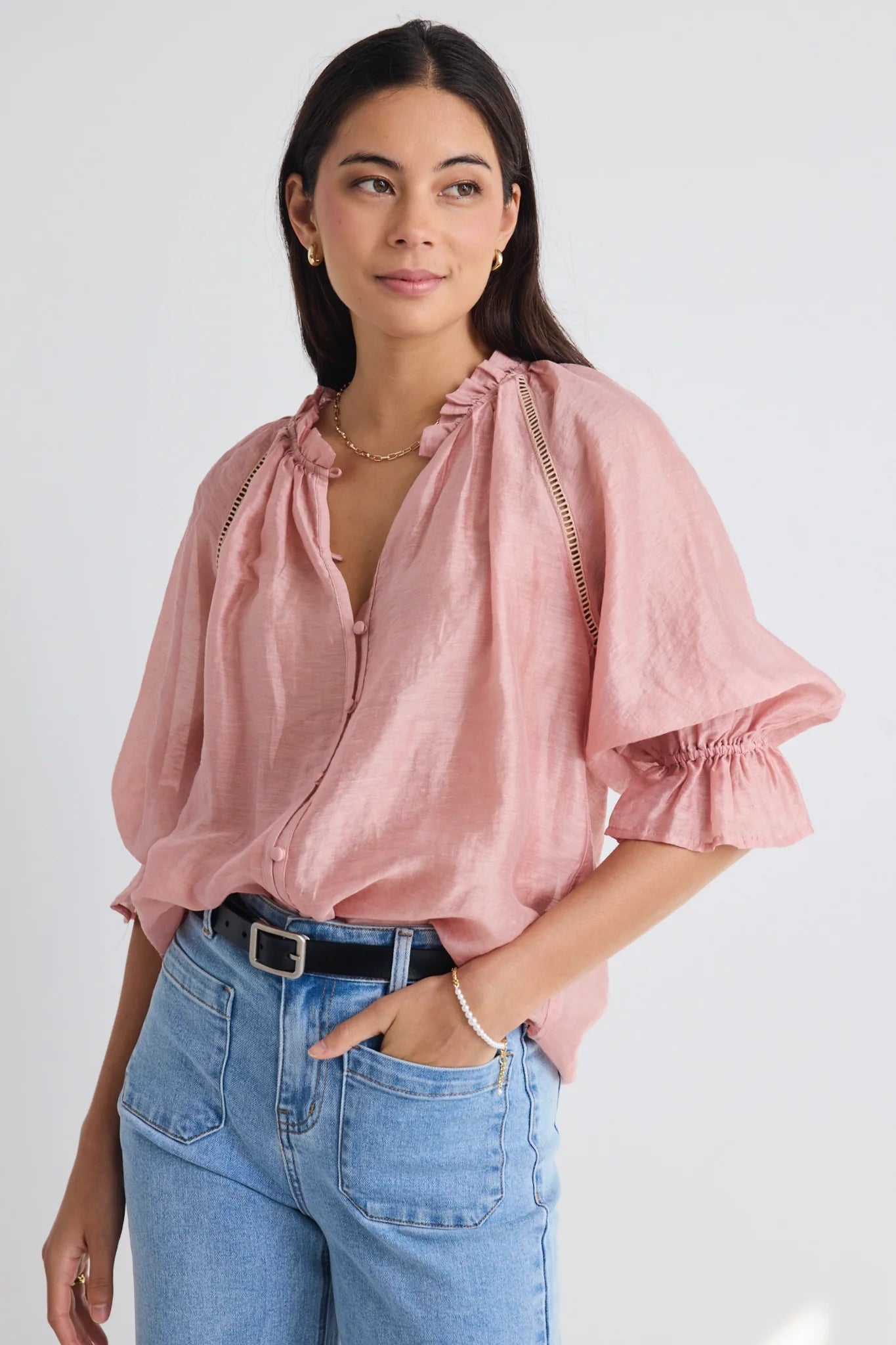 BY ROSA // Encounter Textured Gathered Button SS Top BLUSH