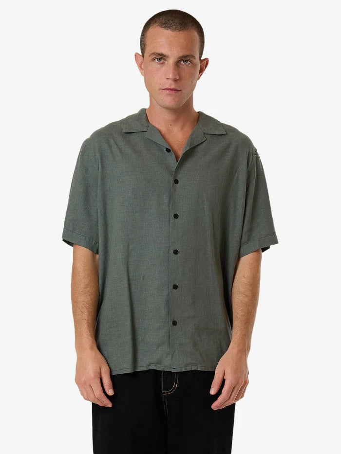 THRILLS // Hemp Minimal Thrills Contrast Stitch Bowling Shirt DARK FOREST