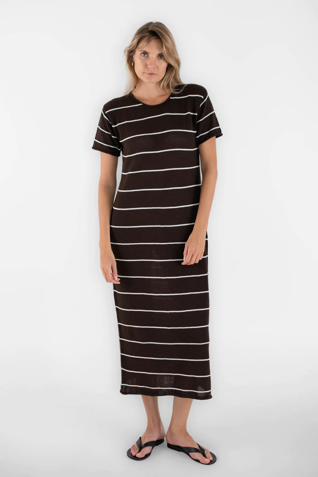 BEIGED // Short Sleeve Jane Dress BROWN STRIPE