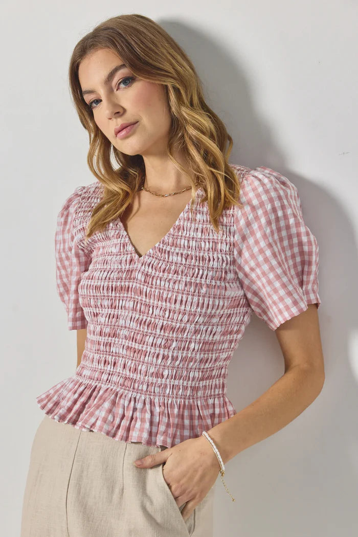 IVY + JACK // Mellow Shirred V-Neck Top BLUSH GINGHAM