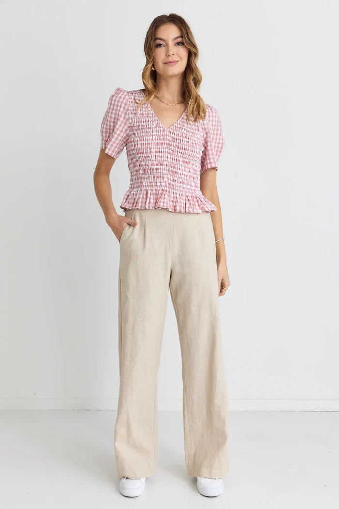 IVY + JACK // Mellow Shirred V-Neck Top BLUSH GINGHAM