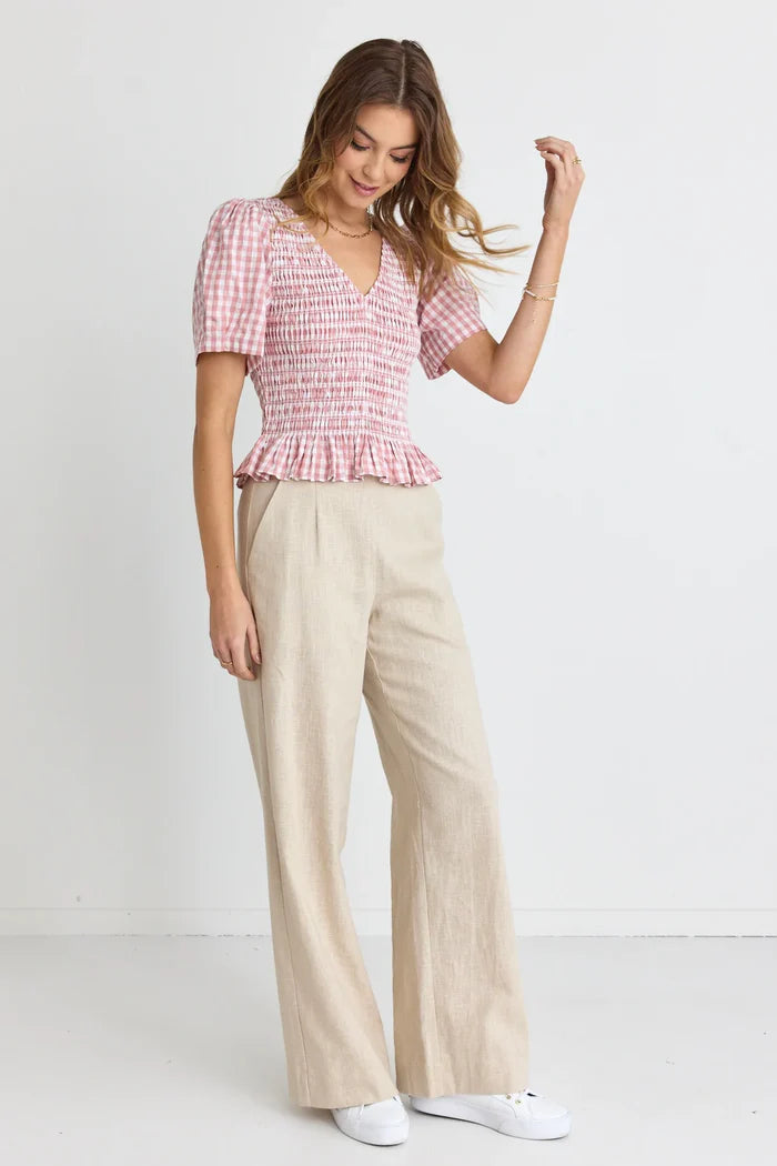 IVY + JACK // Mellow Shirred V-Neck Top BLUSH GINGHAM