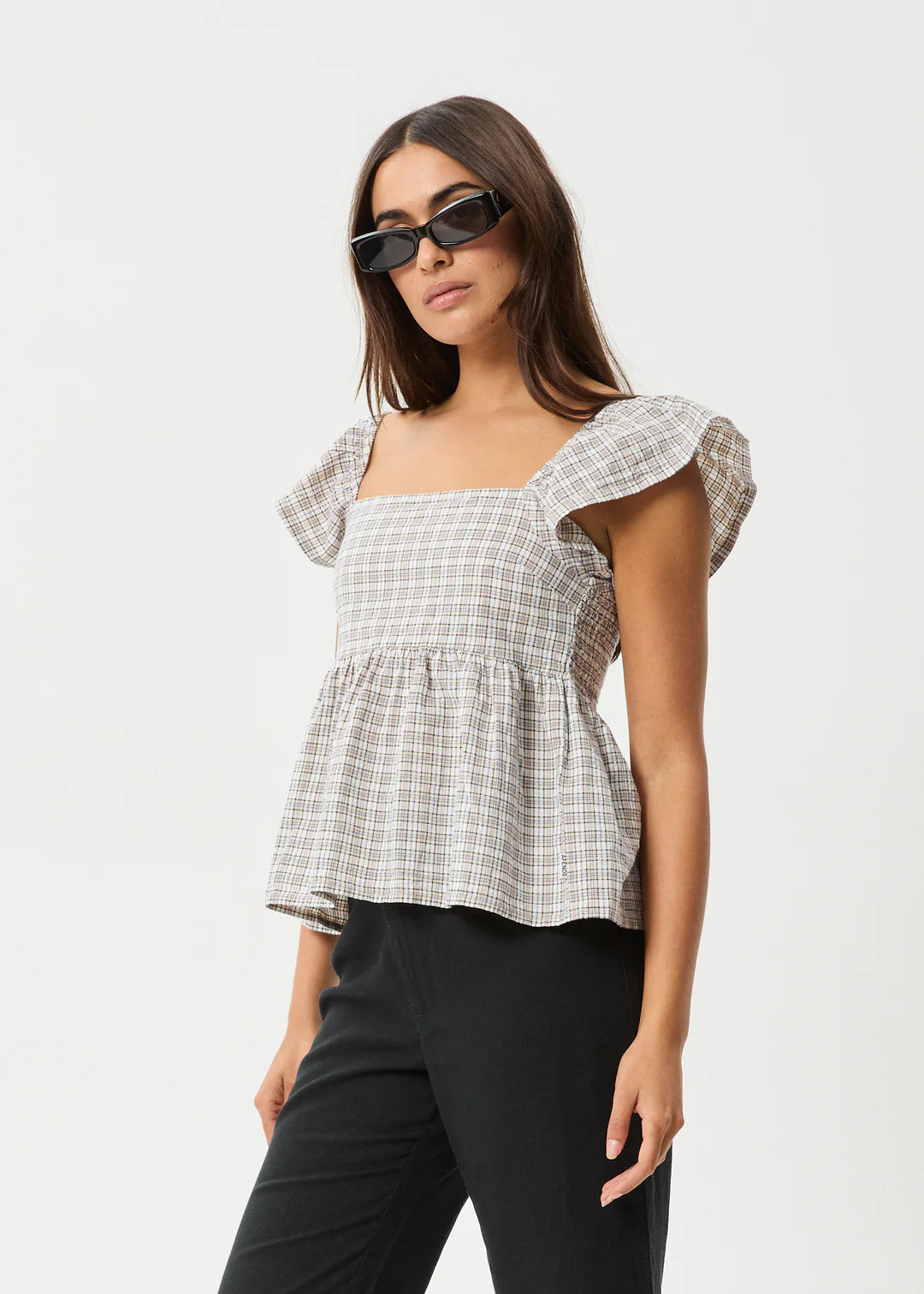 AFENDS // Drew Seersucker Top TAUPE CHECK