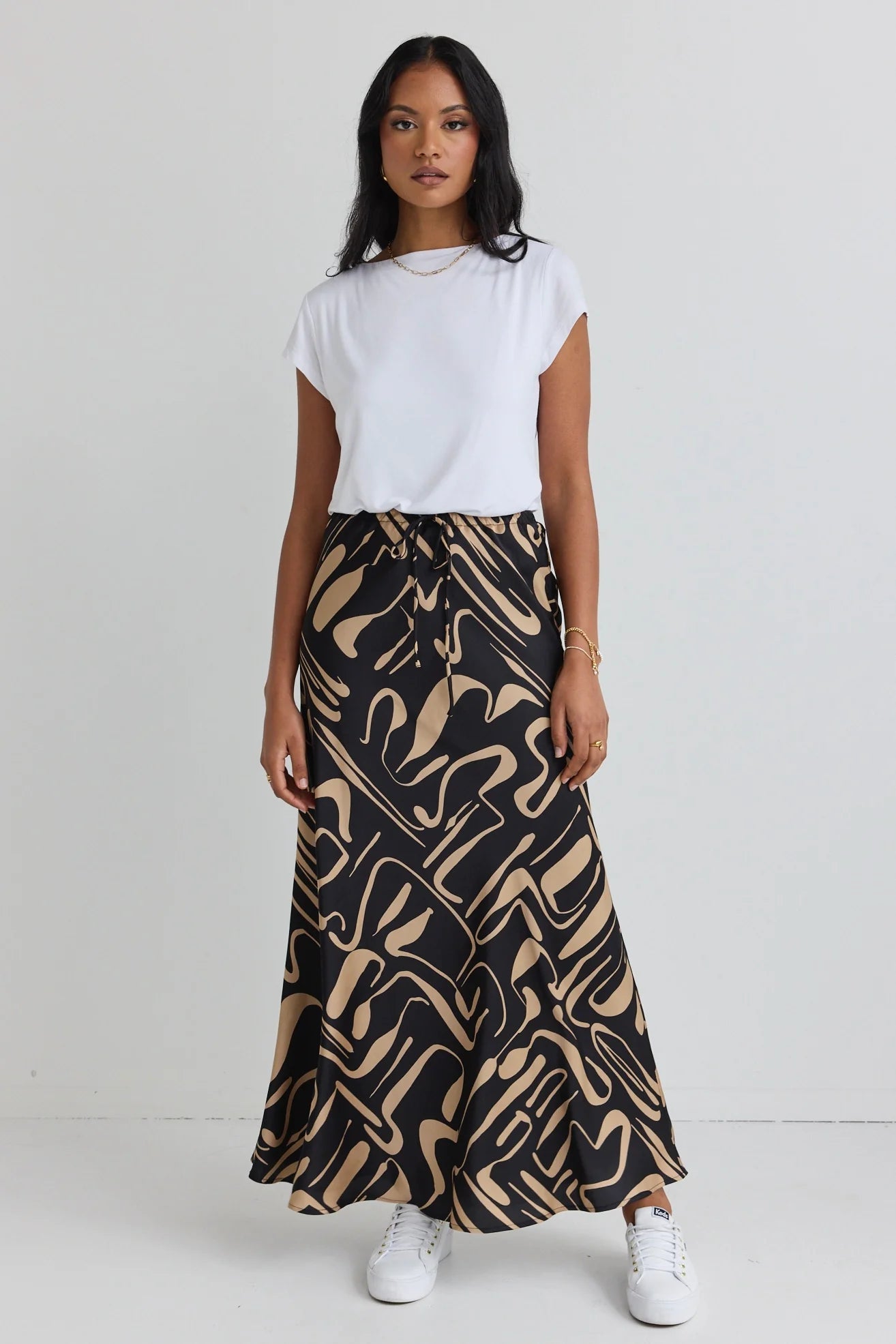 AMONG THE BRAVE // Tie Waist Bias Satin Maxi Skirt CARAMEL ABSTRACT PRINT