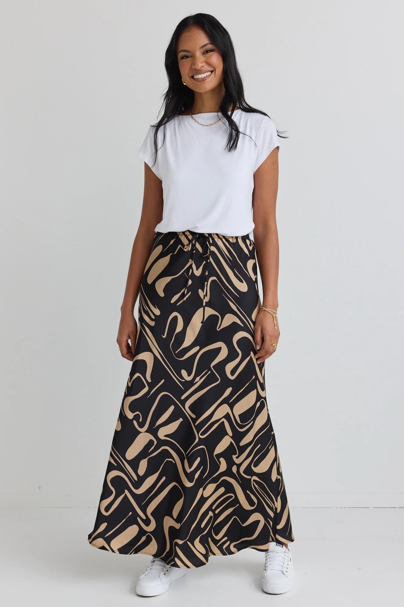 AMONG THE BRAVE // Tie Waist Bias Satin Maxi Skirt CARAMEL ABSTRACT PRINT