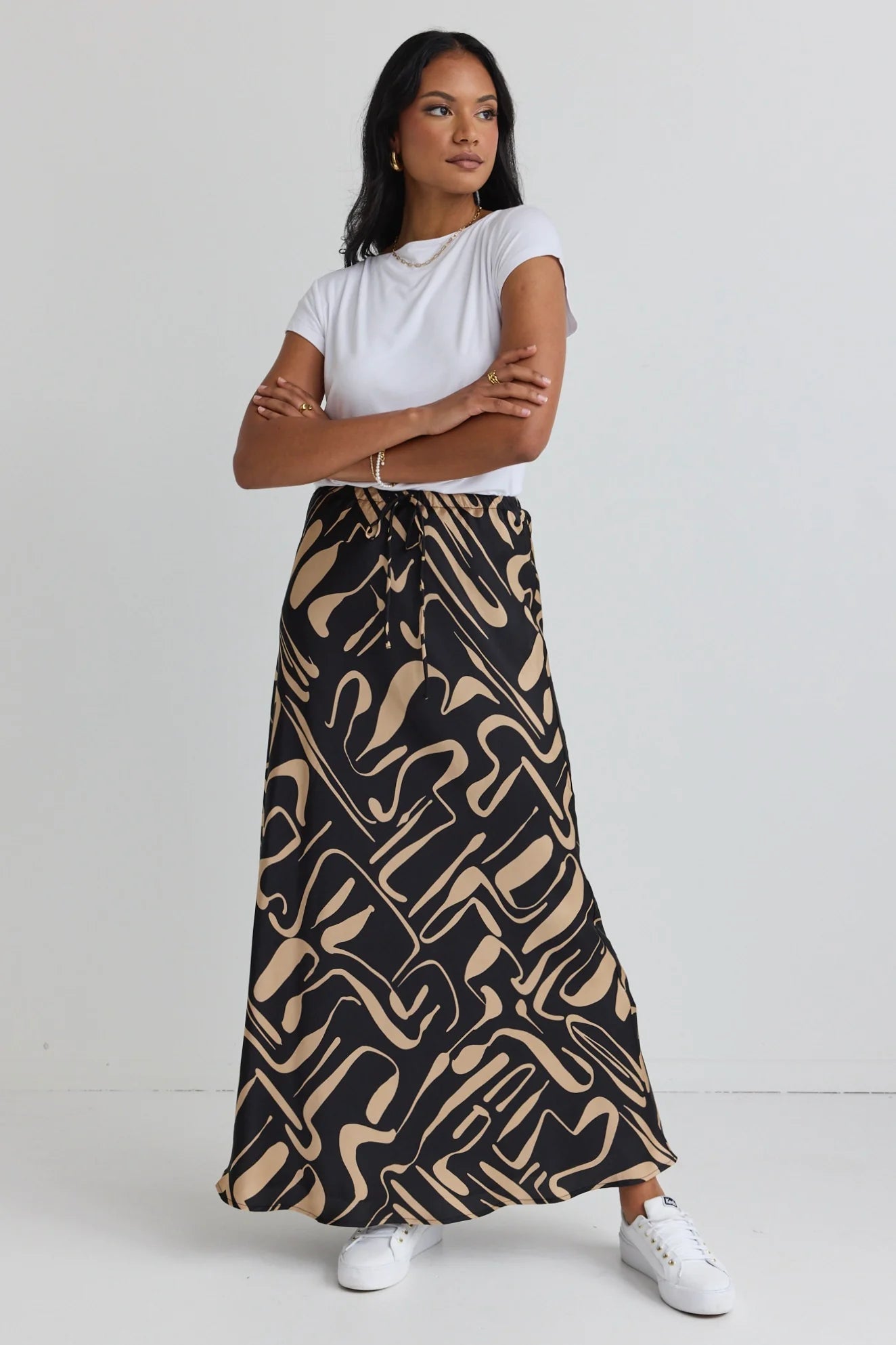 AMONG THE BRAVE // Tie Waist Bias Satin Maxi Skirt CARAMEL ABSTRACT PRINT