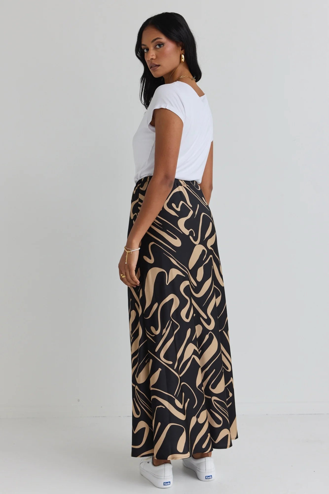 AMONG THE BRAVE // Tie Waist Bias Satin Maxi Skirt CARAMEL ABSTRACT PRINT