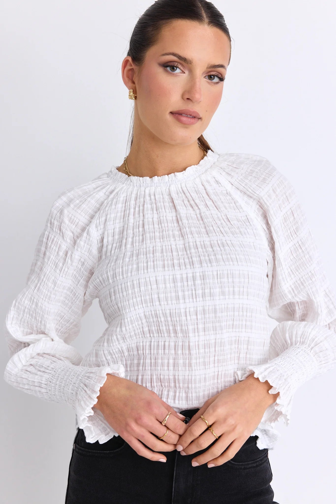 BY ROSA // Sonnet Shirred High Neck Top WHITE