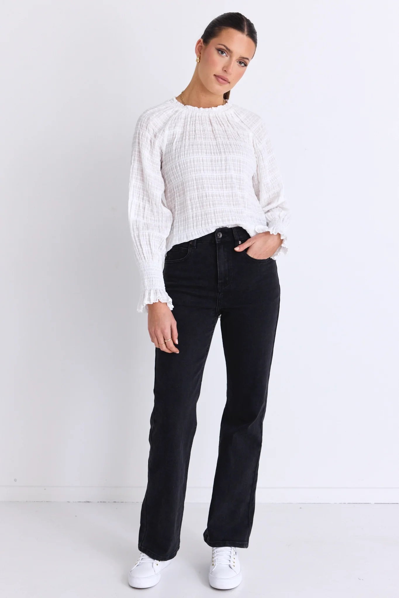 BY ROSA // Sonnet Shirred High Neck Top WHITE