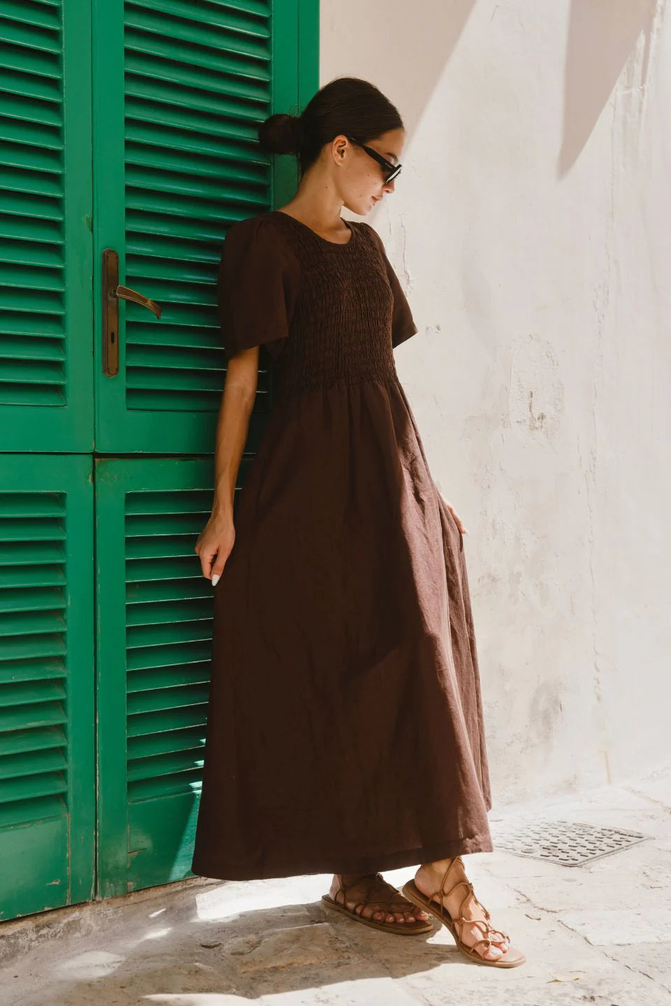 RE:UNION LABEL // Wren Poplin SS Shirred Midi Dress CHOCOLATE