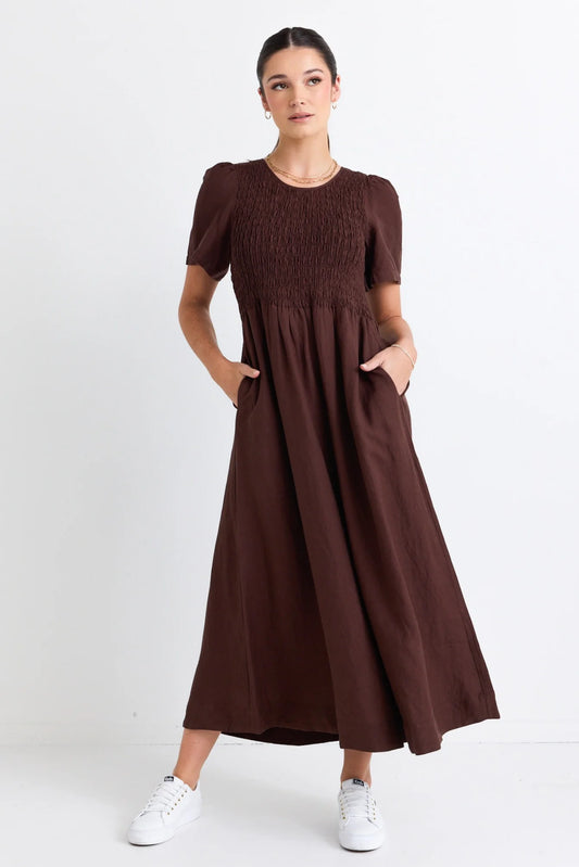 RE:UNION LABEL // Wren Poplin SS Shirred Midi Dress CHOCOLATE