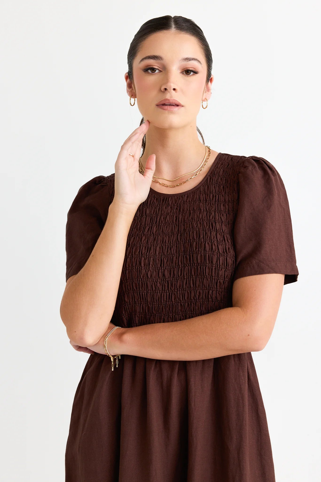 RE:UNION LABEL // Wren Poplin SS Shirred Midi Dress CHOCOLATE