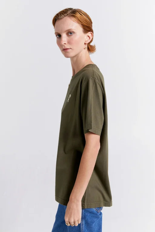 KAREN WALKER // Embroidered Runaway Girl Classic Organic Tee HUNTER GREEN